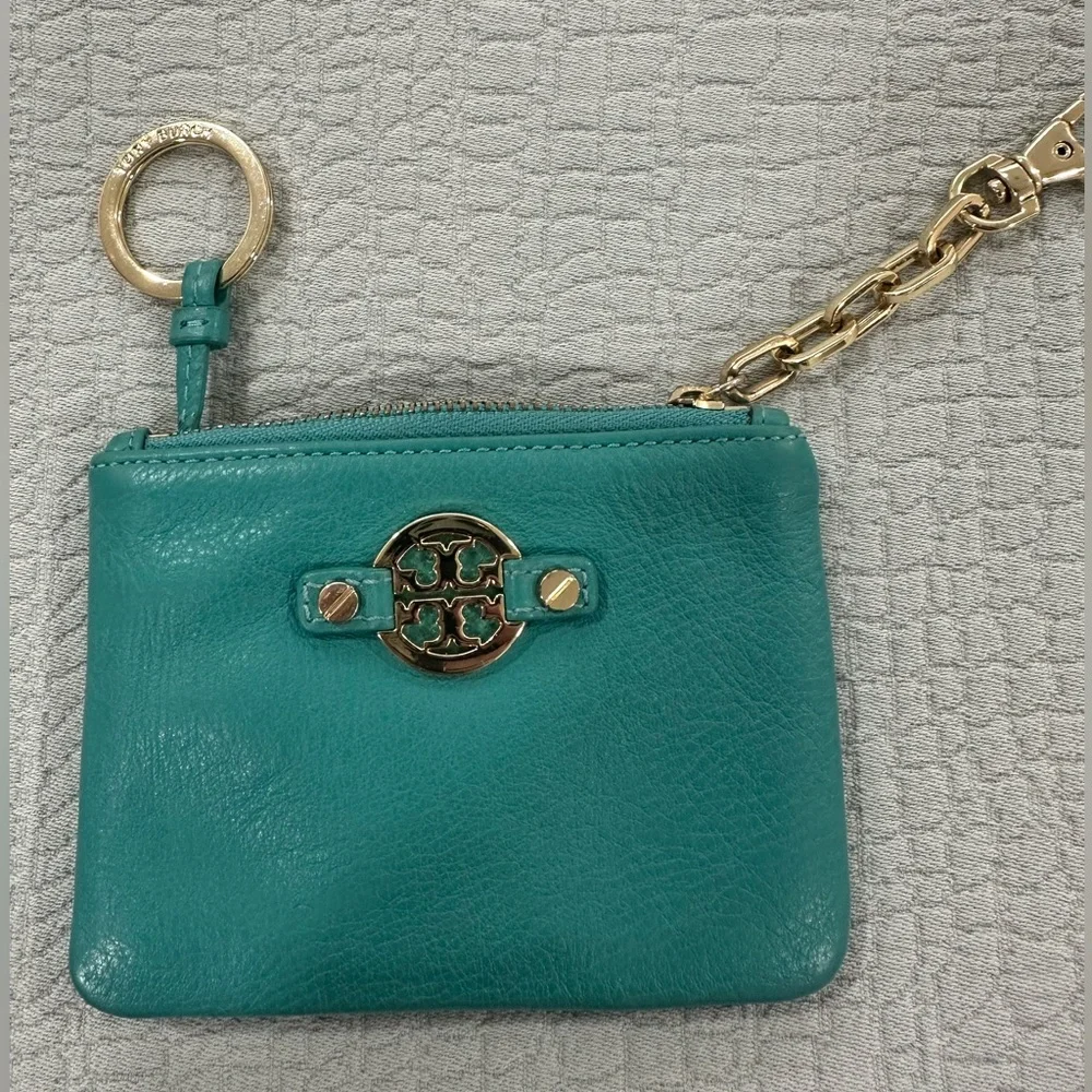 Tory Burch Teal Key & Card Holder with Gold Accents - Picture 1 of 9